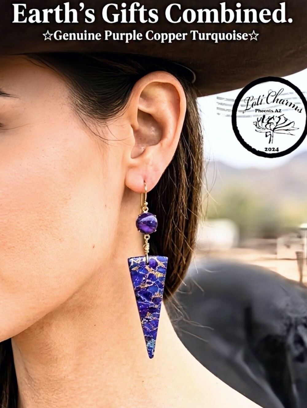 Genuine Purple Turquoise Copper In Artisan Handmade Gold Plated Long Earrings